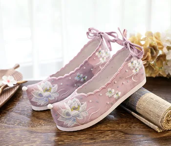 2023 г. традиционни обувки hanfu в древен китайски стил, парусиновая обувки на плоска подметка с перлената бродерия, ориенталски дамски обувки qipao q148