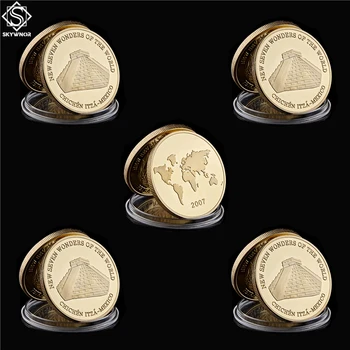 5 бр./лот 2007 Мексико Чичен Ица-Седем Чудеса на света Сувенирни Монети, Жетони Позлатен Метален Медальон Монета