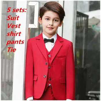 5 комплекти, костюми за момчета на Сватба, Ново Записване, Обикновен червен сватбен костюм за момчета, официален костюм за момче, детски сватбени костюми, сако за момче