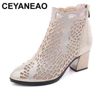 CEYANEAOFashion/ Летни окото ботуши с изрезки, дантелени обувки на висок ток с панделки, Дишащи дамски обувки