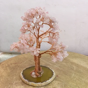 Crystal естествен розов кварц Скъпоценен Камък Дърво на Фън Шуй Богатство Начало Декор Миниатюрни Фигурки Подарък За Парти
