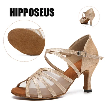 HIPPESUES/Нови Професионални Обувки за латинските танци за Жени/Момичета/Дами за танго и салса обувки с високи токчета за танци в Помещението, Сатен на окото, Черен