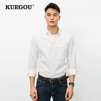 KUEGOU 2022 пролетно Памучен Бял Ежедневни Риза с Джобове Копчета, Мъжки Модни Риза С Яка и Копчета, Тънки Дрехи С Дълъг Ръкав 20550