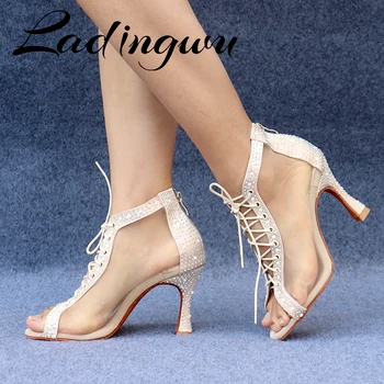 Ladingwu/Сатен ботильоны от коприна кожа с пайети и перли, дамски танцови обувки за латино танци, обувки за балните танци, обувки за социални танци