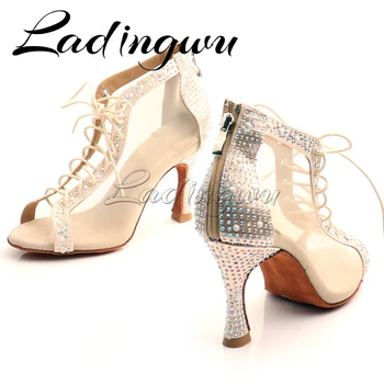 Ladingwu/Сатен ботильоны от коприна кожа с пайети и перли, дамски танцови обувки за латино танци, обувки за балните танци, обувки за социални танци 1