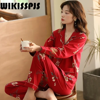 WIKISSPJS 2021 есен нова памучен пижами, женски жилетка с ревери, безплатен домашен костюм, дрехи за хол, комплект за спалня, дамски комплекти от две части