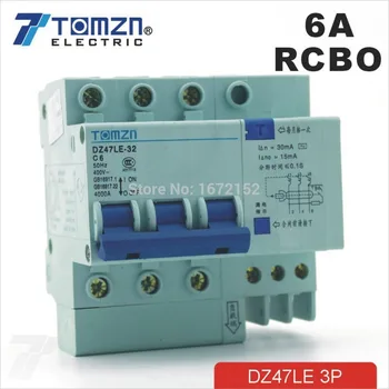 Автоматичен прекъсвач остатъчен ток DZ47LE 3P 6A 400V ~ 50HZ / 60HZ със защита от претоварване работен ток и изтичане на RCBO