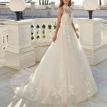 Булчинската рокля без ръкави, по-големи размери, сватбената рокля на булката с кръгло деколте, дантелено бална рокля с аппликацией, сватбената рокля на принцеса