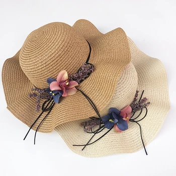 Годишна жена градинска сламена шапка с цветен модел, сгъва шапка за басейна, шапка с вълнообразни полета, панама, шапка от слънцето, плажна шапка с голяма периферия, търговия на едро