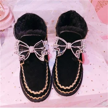 Дамски памучен ръчно изработени обувки по поръчка, украсена с диаманти, с пискюли и лък, от телешка кожа, с високо берцем и къса тръба, зимни обувки, кожени ботуши 35-40 1