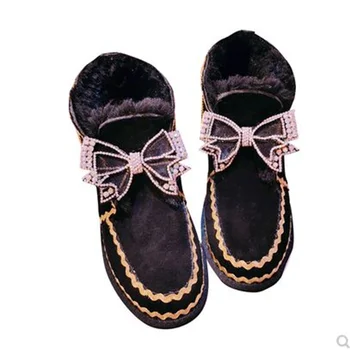 Дамски памучен ръчно изработени обувки по поръчка, украсена с диаманти, с пискюли и лък, от телешка кожа, с високо берцем и къса тръба, зимни обувки, кожени ботуши 35-40 3