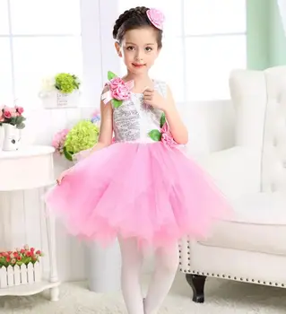 Детски танцов костюм с пайети Рокля с цветя модел за Момичета, Пола Принцеса, Костюм за изяви за Момичета, Буйна газова Пола