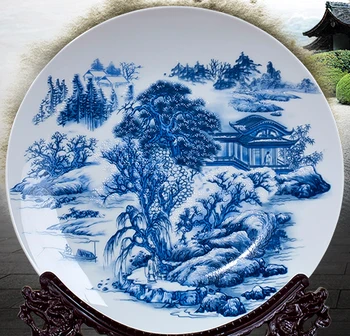 Елегантна китайска бяло-синя Порцеланова чиния, Рисувани от красива Природа