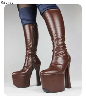 Есенно-зимни Модни Дамски дълги ботуши на платформа и Ток 20 см, Гланц Кафяви Ботуши, Модел, която е Забавна Клубната Парти, Шоу, дамски Обувки