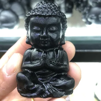 Естествен Черен Камък Обсидиан Резба Буда Изискани Бижута