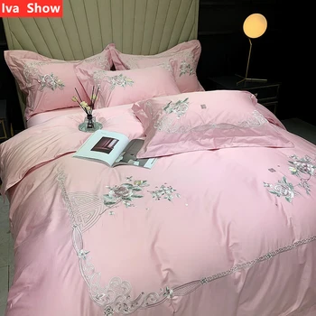 Ива Show Розов Комплект спално бельо от памук с дълъг штапелем, Комплект Спално бельо с Бродерия, Калъфка с Цвете Розов божур, двойно легло Queen-king-Size