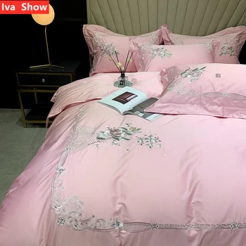 Ива Show Розов Комплект спално бельо от памук с дълъг штапелем, Комплект Спално бельо с Бродерия, Калъфка с Цвете Розов божур, двойно легло Queen-king-Size