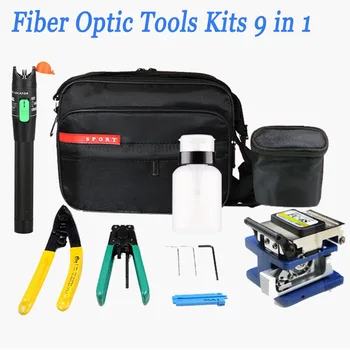 Комплекти оптични инструменти 9 в 1 FTTH оптична чанта за инструменти + Устройство за източване на влакна + fc-6s Влакна секира + Фрезер + 30 КМ VFL