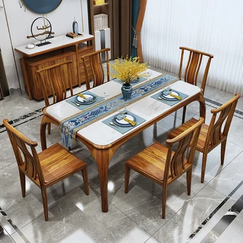 Маса за хранене от масивно дърво, абанос, нов Китайски малък семеен маса, правоъгълна мраморна маса, комбинация от бюрото и стола