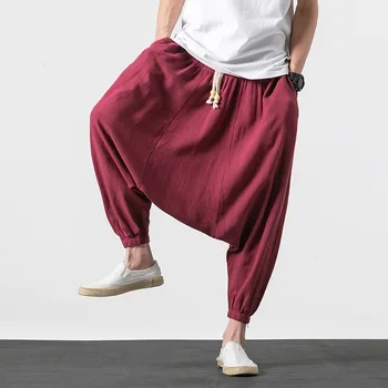 Мъжки панталони тай-чи, широки панталони в китайски стил, свободни етнически панталони harun фенер с ниски промежностью, мъжки модерни панталони кунг-фу g88