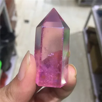 Натурален кристал проба кварцов кристал обелиск кристални пръчка акупресура с галванично покритие розов кварц аура Титановое покритие 1бр 2