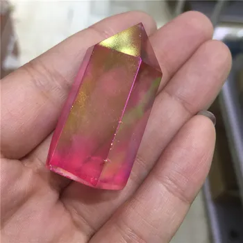 Натурален кристал проба кварцов кристал обелиск кристални пръчка акупресура с галванично покритие розов кварц аура Титановое покритие 1бр 3