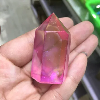 Натурален кристал проба кварцов кристал обелиск кристални пръчка акупресура с галванично покритие розов кварц аура Титановое покритие 1бр 4