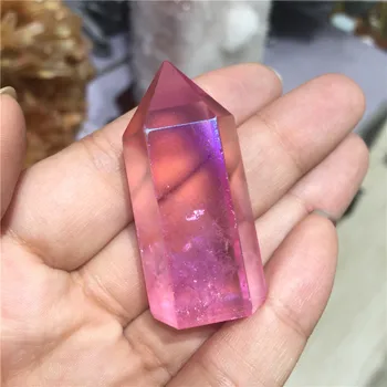 Натурален кристал проба кварцов кристал обелиск кристални пръчка акупресура с галванично покритие розов кварц аура Титановое покритие 1бр 5