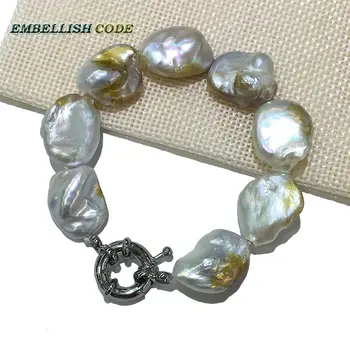 необичаен нередовен перла гривна от бяло и златисто-цвят на Добър блясък 3 размера за жените с дебелина 8 мм плоска овална форма естествени перли