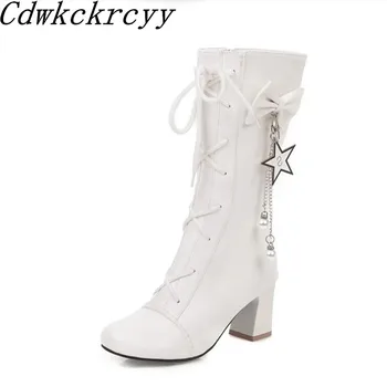 Новост зимата, модни дамски обувки на груб ток с хубав Лък и перли, бели пикантни Кашмир Изолирана дамски Обувки, размер 34-43
