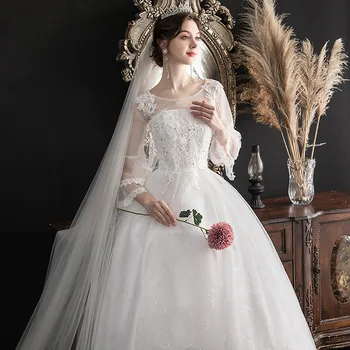 По-Големи Размери, Бели Сватбени Рокли За Младоженци За Жени, Класически Дантелено Бална Рокля Дантела С Цветя Модел, Vestido De Noiva 0