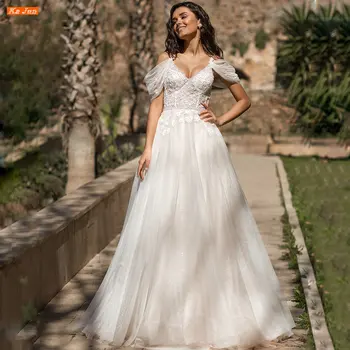 Цена юни бохо с V-образно деколте, спагети презрамки сватбени рокли роба де Марие шампанско апликация тюл Vestidos de noiva с отворен гръб сватбена рокля