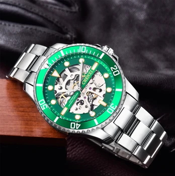 Часовници CHENXI за Мъже, Модни Зелени Часовник с Въртящи се Рамки, Мъжки Часовник с Каишка от Неръждаема Стомана, Автоматични Механични Ръчни Часовници